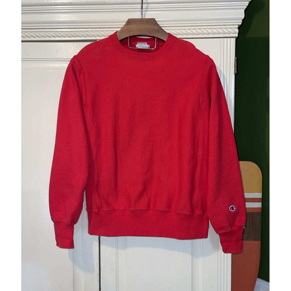 Vintage Champion Reverse Weave Sweatshirt Men Small Red Thick Logo Long Sleeve